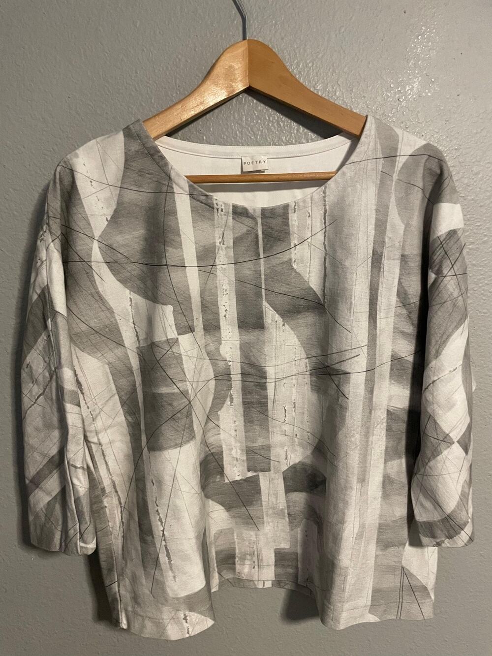 Poetry Womens Top Size 4 Gray White Abstract Print Cotton Boxy Soft Artsy Boho
